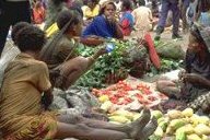 photo of indigenous farm women sitting on the ground selling their surplus crops in a rural town market in Papua New Guinea