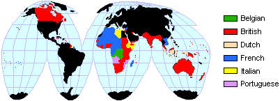 Map of European colonies around the world in 1938--Belgian, British, Dutch, French, Italian, and Portuguese