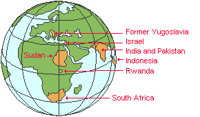 Map of racism hotspots in the world--former Yugoslavia, Israel, India and Pakistan, Indonesia, Rwanda, and South Africa