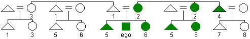 Diagram of the Crow kin naming system with terms for distant collateral relatives labeled with numbers