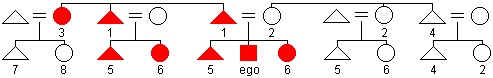 Diagram of the Omaha kin naming system with terms for distant collateral relatives labeled with numbers