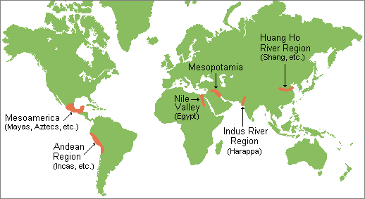 Map of the ancient intensive agricultural civilizations--Mesoamerica (Mayas, Aztecs, etc.), Andean region of South America (Incas, etc.), Egypt, Mesopotamia, Indus River region of South Asia (Harappa), and Huang Ho River region of China (Shang, etc.)