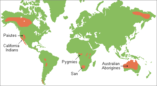 Map of pedestrian foragers--the California Indians, Paiutes, Pygmies, San, and Australian Aborigines are highlighted